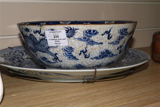 A Chinese blue and white dragon dish and a blue and white crackle glaze bowl, 19th century 37 & 26cm.